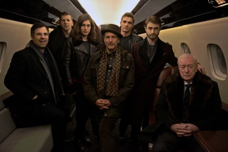 Mark-Ruffalo-Jesse-Eisenberg-Lizzy-Caplan-Woody-Harrelson-Dave-Franco-Daniel-Radcliffe-Michael-Caine-on-set-of-Now-You-See-Me-2